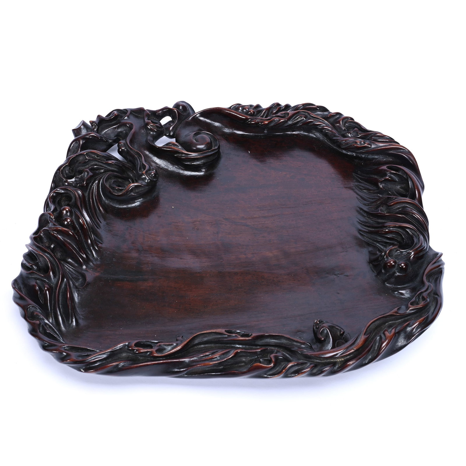 Tea Tray, Longyan Wood, Elaborate Carved Flowing Design With Small Dragon Under Inner Lip: Tea Tray, Longyan Wood, Elaborate Carved Flowing Design With Small Dragon Under Inner Lip, 15.5" x 13", Dark Rich Brown Color, Fantastic Detail And Quality, The Estate Of Rex And Mary Campbell, MO. Al