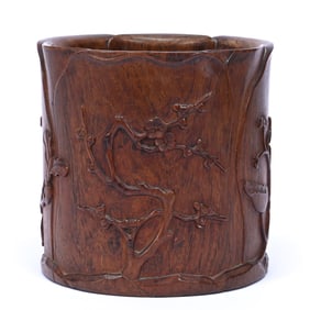 Scroll Holder/Brush Pot, Carved Huanghuali Wood