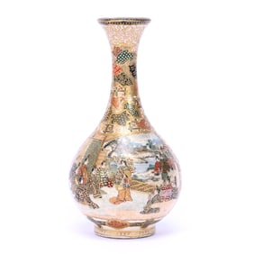 Miniature Vase, Japanese Satsuma, Two Scenic Panels Featuring Traditional Court And Fighting Scenes