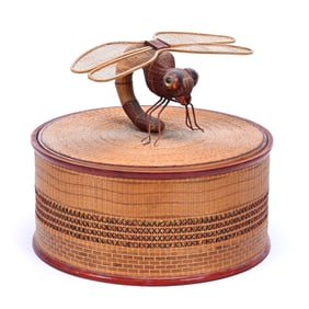 Round Covered Basket With Figural Dragonfly Finial, Woven Bamboo, Circa 1980's