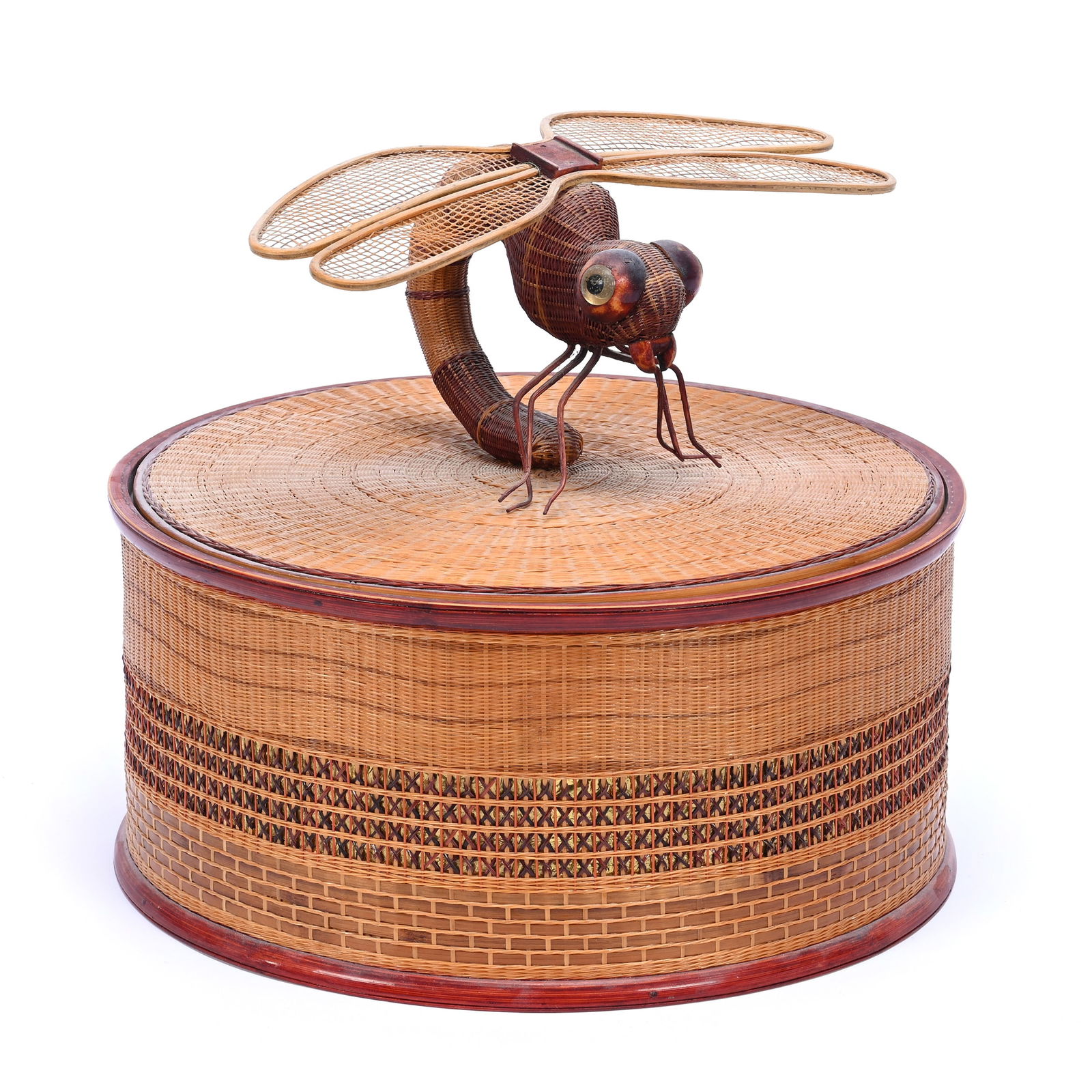 Round Covered Basket With Figural Dragonfly Finial, Woven Bamboo, Circa 1980's: Round Covered Basket With Figural Dragonfly Finial, Woven Bamboo, Circa 1980's, 9" x 10.75", The Estate Of Rex And Mary Campbell, MO. All Proceeds Of This Auction Go To Benefit Low Income Students At
