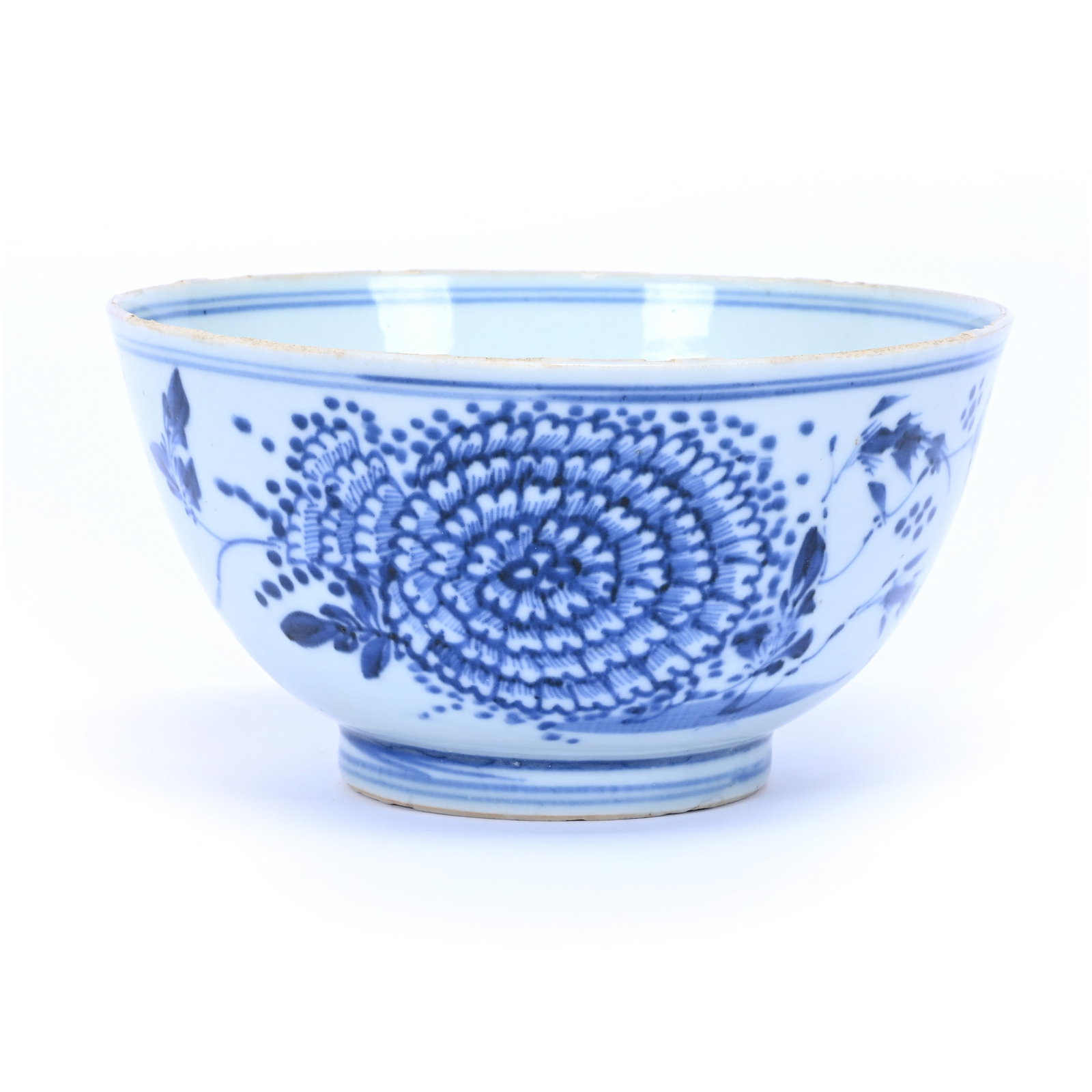 Bowl, Chinese Porcelain, Blue And White Floral Decor, In The Style Of Kangxi: Bowl, Chinese Porcelain, Blue And White Floral Decor, In The Style Of Kangxi, 3.5" x 6.75", Lingzhi Fungus Mark, The Estate Of Rex And Mary Campbell, MO. All Proceeds Of This Auction Go To Benefit Low