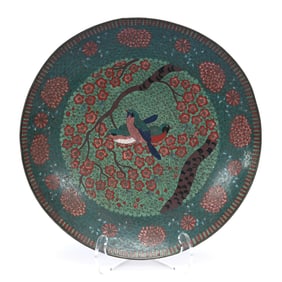 Charger, Japanese Cloisonne, Green Tones With Pink And Red Blossom Highlights