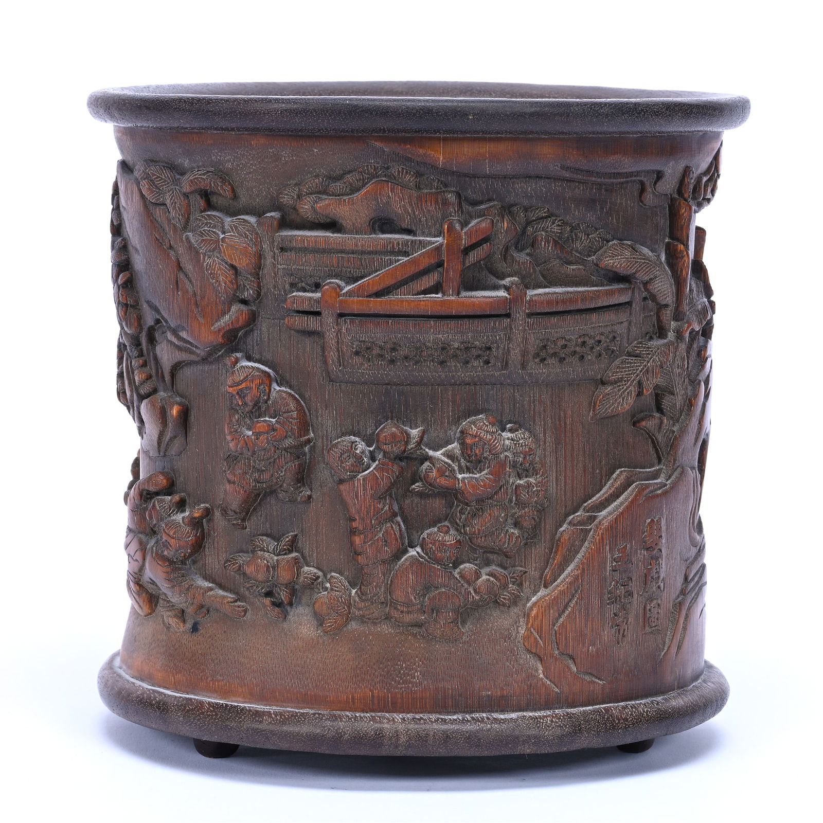Brush Pot, Chinese Carved Bamboo, Carved Relief Showing Boys Playing In Yard (1 of 4)
