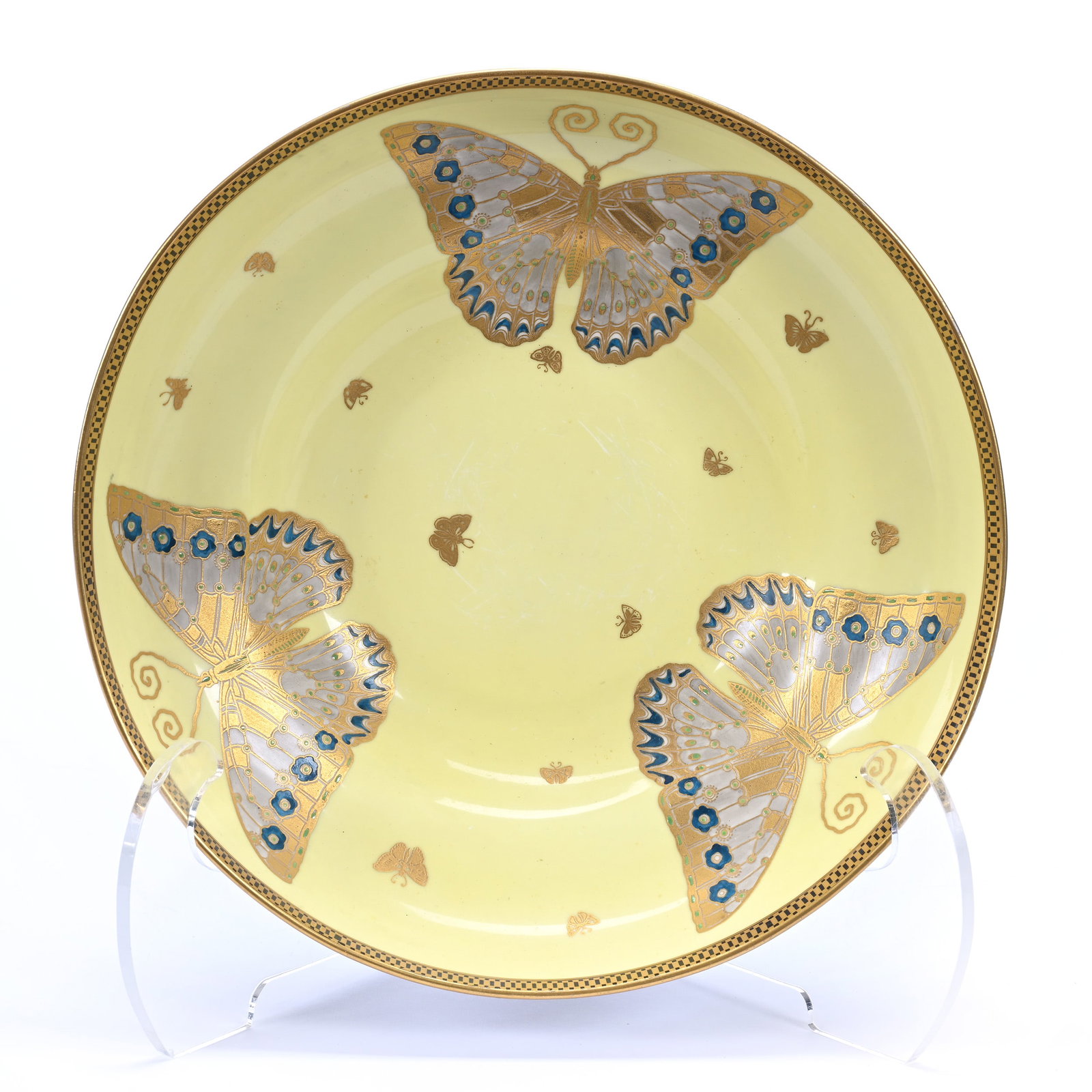 Bowl, Marked Royal Worcester #2577: Bowl, Marked Royal Worcester #2577, 3.25" x 12", Yellow Interior With Three Large Butterflies And Numerous Small Butterfly Highlights, Black Exterior, The Estate Of Rex And Mary Campbell, MO. All Proc