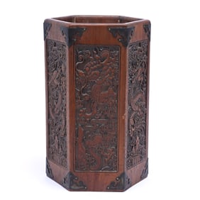 Chinese Brush Pot, Six Sided, Huanghuali Wood With Metal Fittings