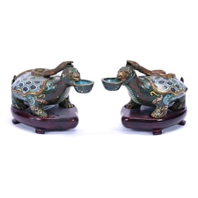 Pair Figural Water Droppers For Calligraphy, Chinese Cloisonne, Turtle And Serpent Design