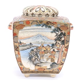 Square Incense Burner, Japanese Cloisonne, Four Traditional Scenic Panels, Reticulated Lid