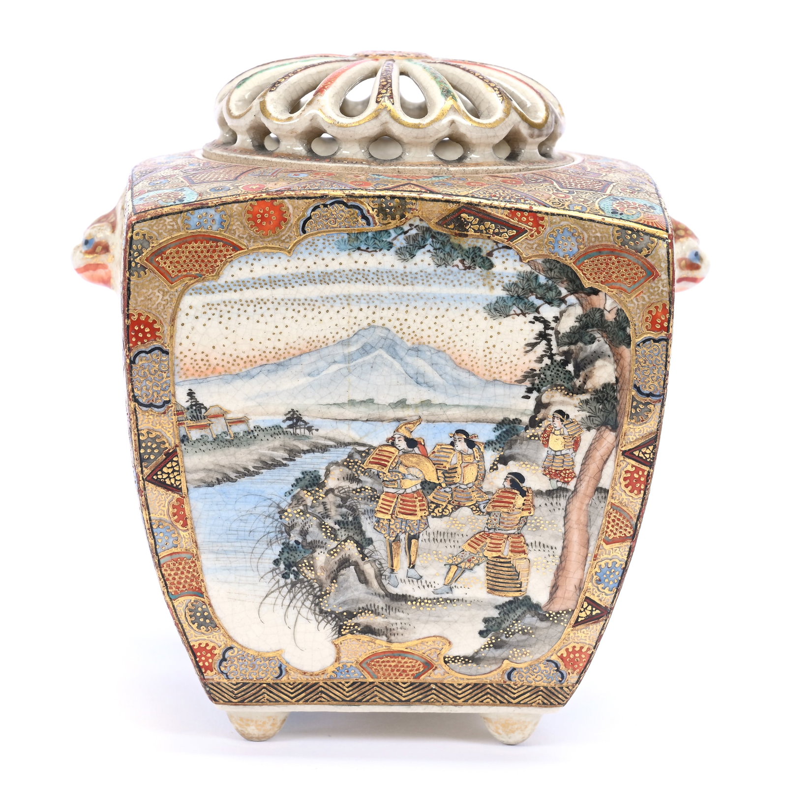 Square Incense Burner, Japanese Cloisonne, Four Traditional Scenic Panels, Reticulated Lid: Square Incense Burner, Japanese Cloisonne, Four Traditional Scenic Panels, Reticulated Lid, 3.75" x 3.5", The Estate Of Rex And Mary Campbell, MO. All Proceeds Of This Auction Go To Benefit Low Income