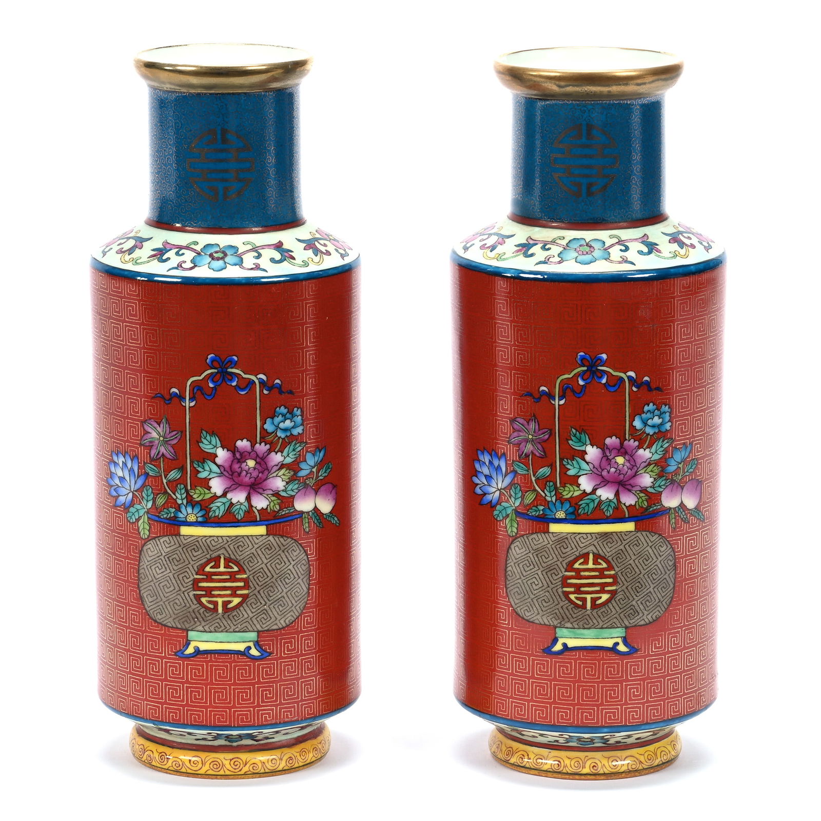 Pair Vases, Chinese Porcelain, Red With Turquoise Border, Floral Arrangement Decor (1 of 4)