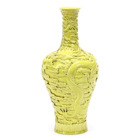 Vase, Chinese Porcelain, Solid Lime Green With Elaborate Five-Toed Dragon And Cloud Relief