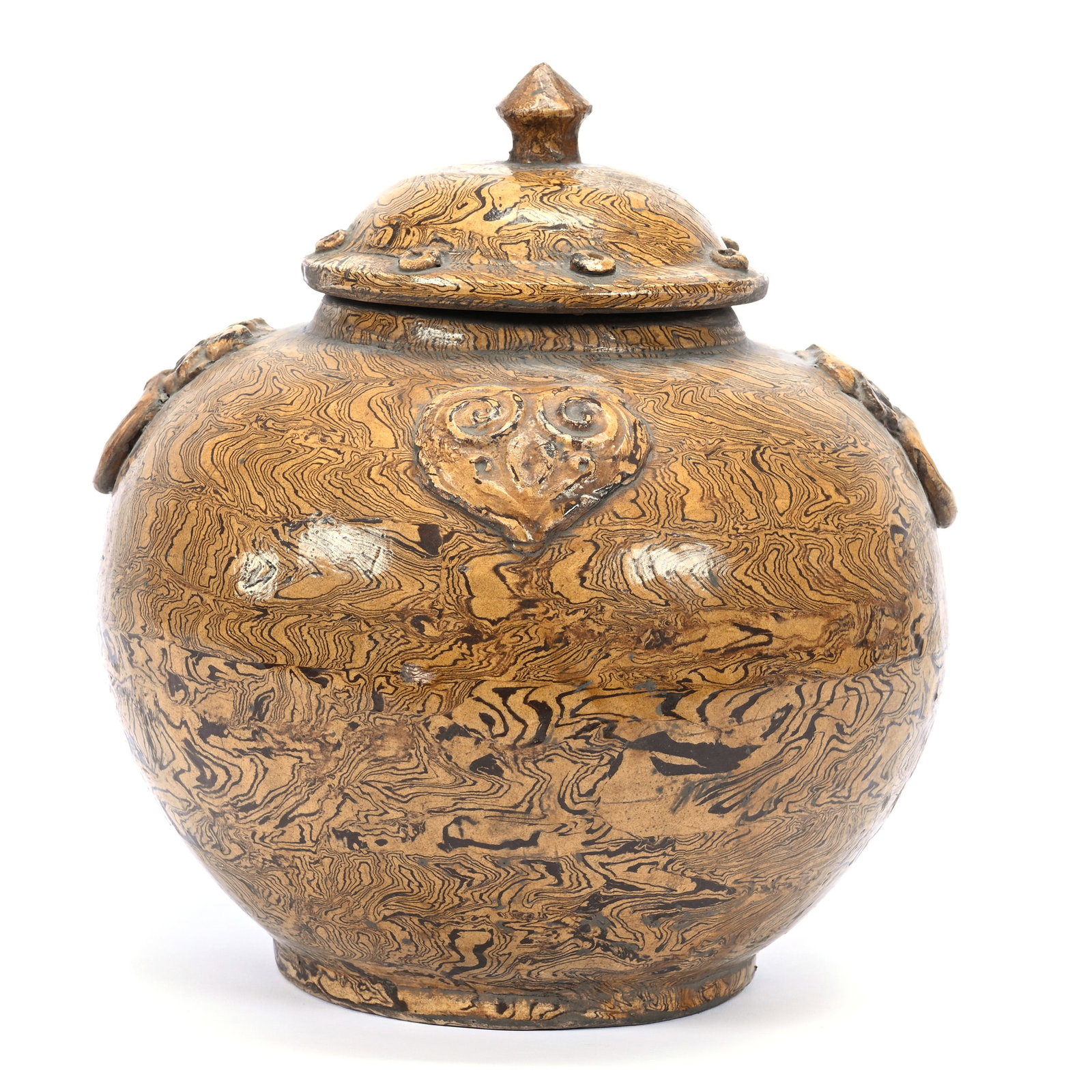 Covered Jar, Amber Jiao Tai Pottery, In The Style Of Tang Dynasty: Covered Jar, Amber Jiao Tai Pottery, In The Style Of Tang Dynasty, 8.25" x 7.25", Unique Marbled Design With Matching Cover, Embossed Emblems, Rim Chip On Inner Lid Ring, Some Surface Wear On Body, Th