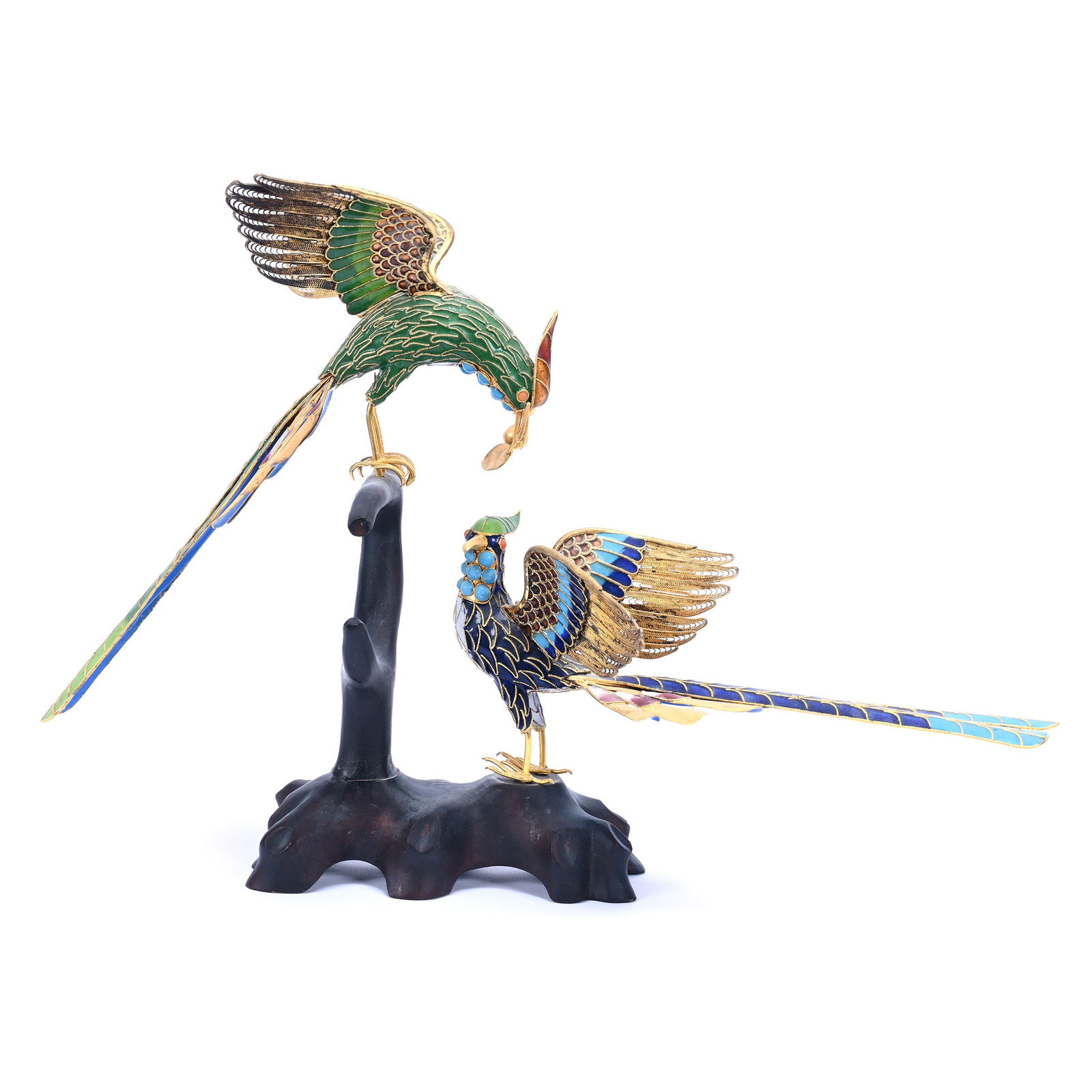 Figural Group, Chinese Cloisonne, Birds Mounted On Wooden Display Stand, Nice Quality And Condition (1 of 5)