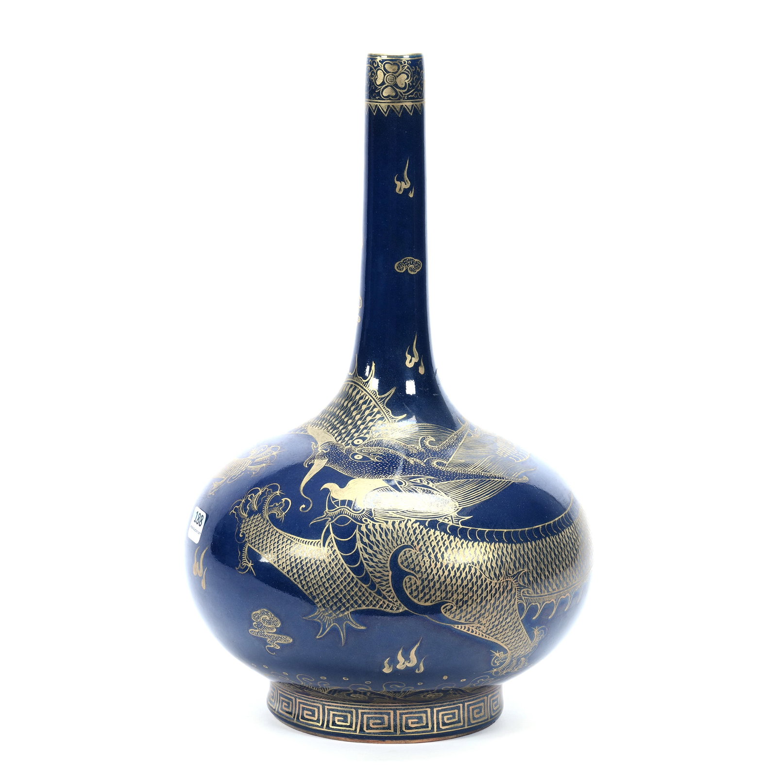 Vase, Chinese Porcelain, Cobalt Blue With Gold Stencil Dragon Design, In The Style Of Qianlong: Vase, Chinese Porcelain, Cobalt Blue With Gold Stencil Dragon Design, In The Style Of Qianlong, 14.5" x 9", The Estate Of Rex And Mary Campbell, MO. All Proceeds Of This Auction Go To Benefit Low Inco