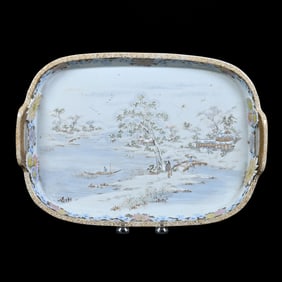 Serving Tray, Japanese Porcelain, Winter Village Scenic Decor, Embossed Floral Highlights