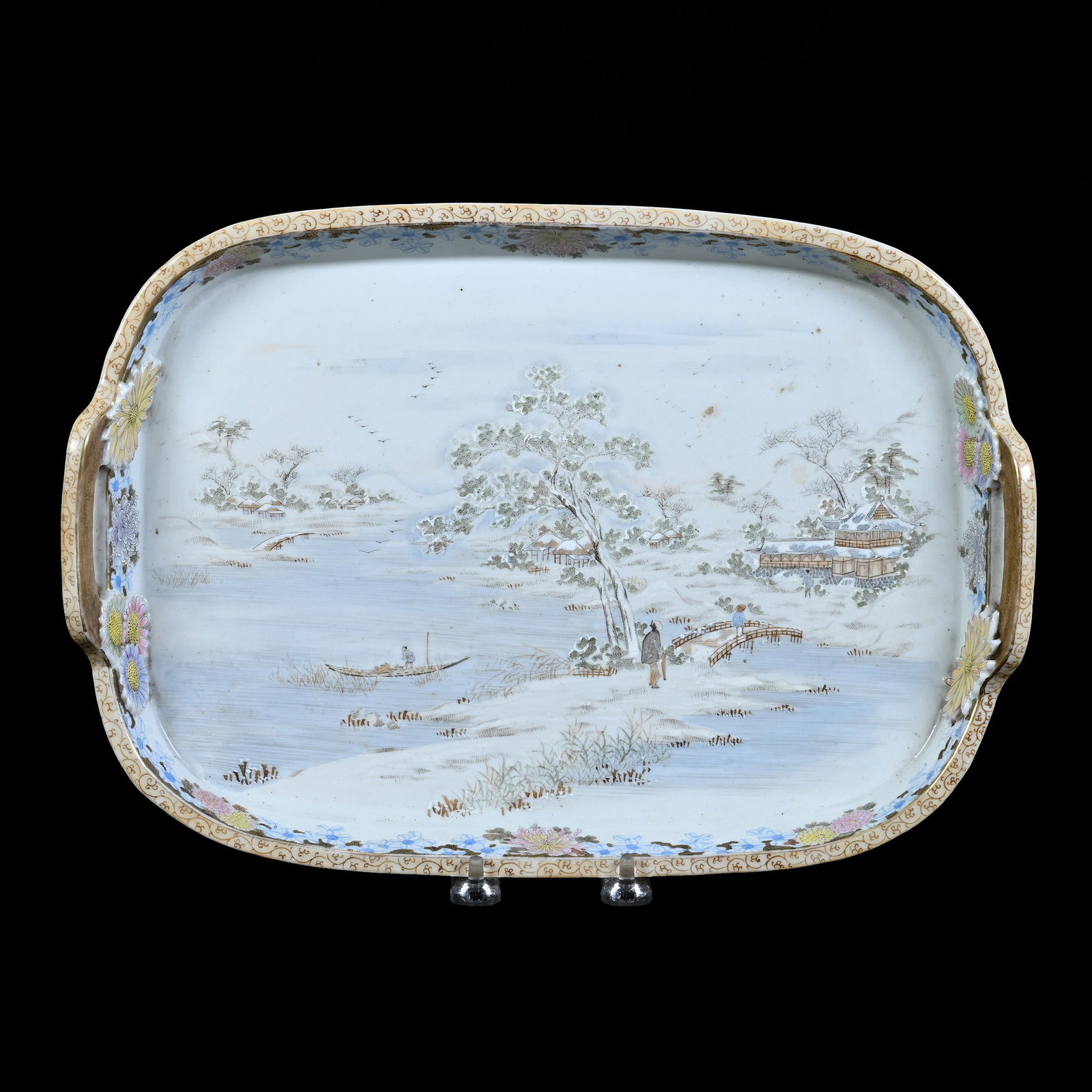 Serving Tray, Japanese Porcelain, Winter Village Scenic Decor, Embossed Floral Highlights: Serving Tray, Japanese Porcelain, Winter Village Scenic Decor, Embossed Floral Highlights, 14.25" x 10", Unidentified Signature On Reverse Side, Post 1910, The Estate Of Rex And Mary Campbell, MO. All