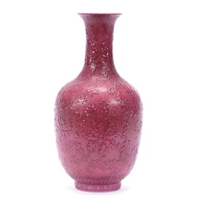Vase, Chinese Porcelain, Copper Red Exterior With Elaborate Enamel Floral Design, Turquoise Interior