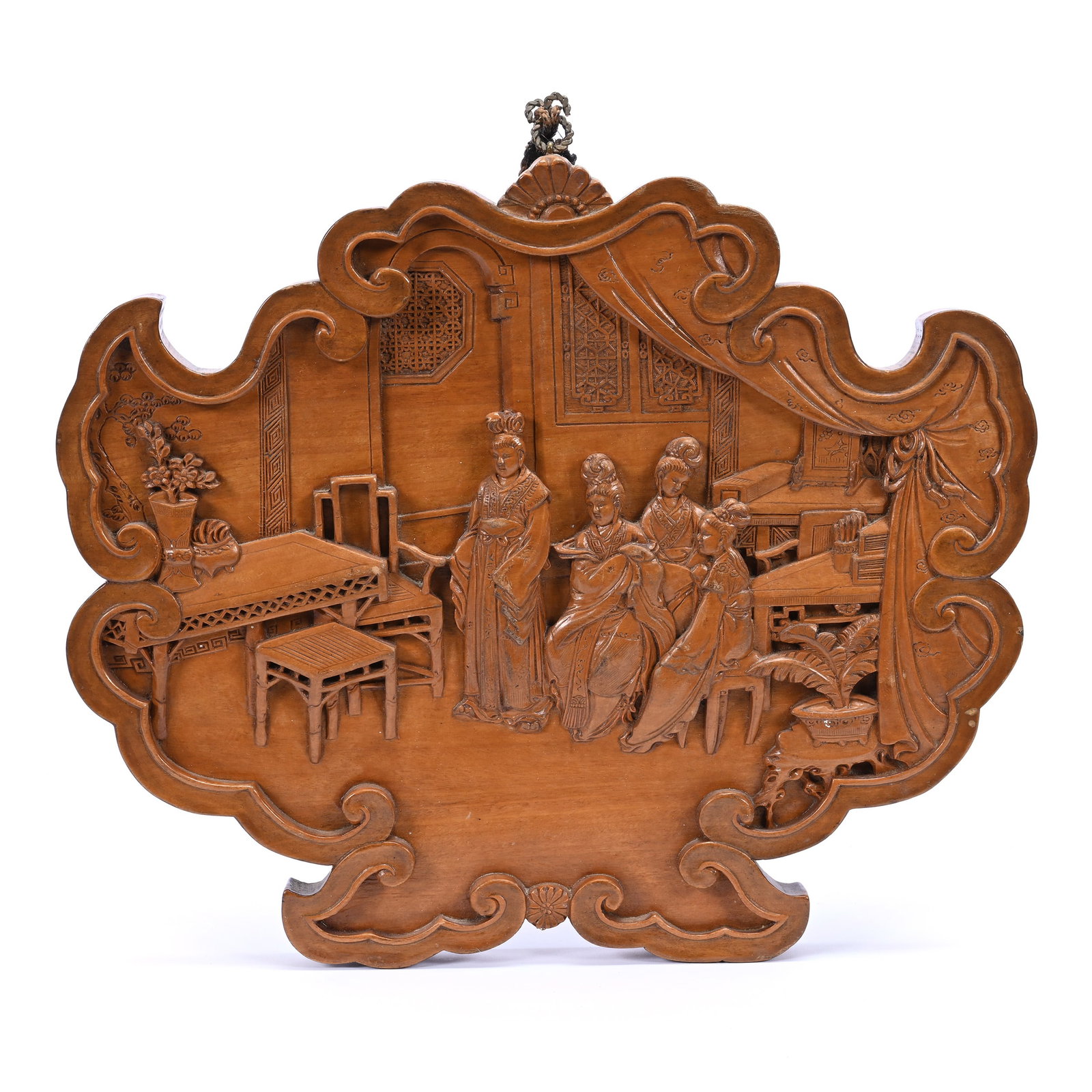 Wall Plaque, Chinese Carved Huanghuali, Features Four Women In Court Setting, Elaborate Form: Wall Plaque, Chinese Carved Huanghuali, Features Four Women In Court Setting, Elaborate Form, 11.5" x 14" x 1", The Estate Of Rex And Mary Campbell, MO. All Proceeds Of This Auction Go To Benefit Low 