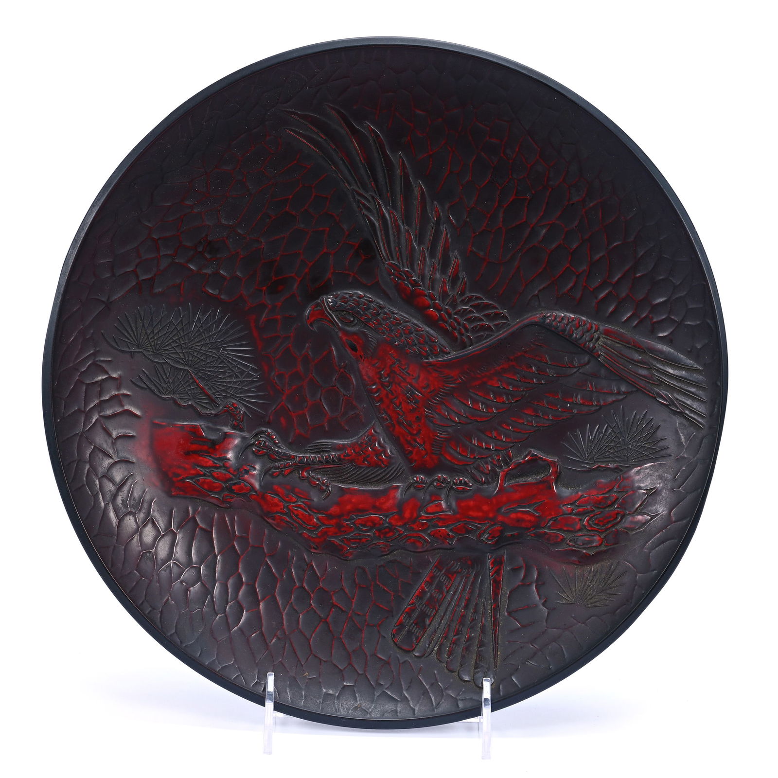 Pedestal Tray, Unmarked, Japanese Bamboo With Black And Red Lacquer Carved Design (1 of 3)