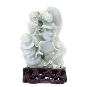 Carved Green Jade Figure, Two Boys Fishing With Lotus Vine Highlights, Mounted On Wooden Base