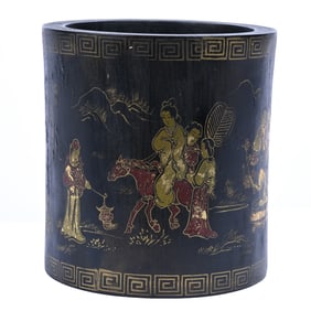 Brush Pot, Chinese Black Lacquer Huanghuali Wood, Gold Painted Decor With Red Highlights