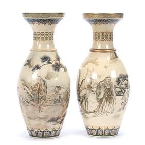 Pair Vases, Japanese Satsuma, Artist Signed On Body Of Vase, Circa 1880's