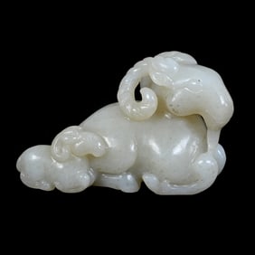 Chinese Carved White Jade Figurine, Large Mountain Goat With Young Billy Goat At Rest