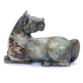 Chinese Nephrite Jade Horse Sculpture, Dark Green Mottled With Brown And White
