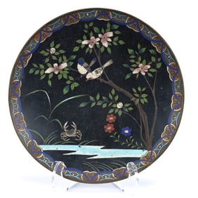 Charger, Japanese Cloisonne, Song Birds And Crab Scenic Decor, Circa 1880's