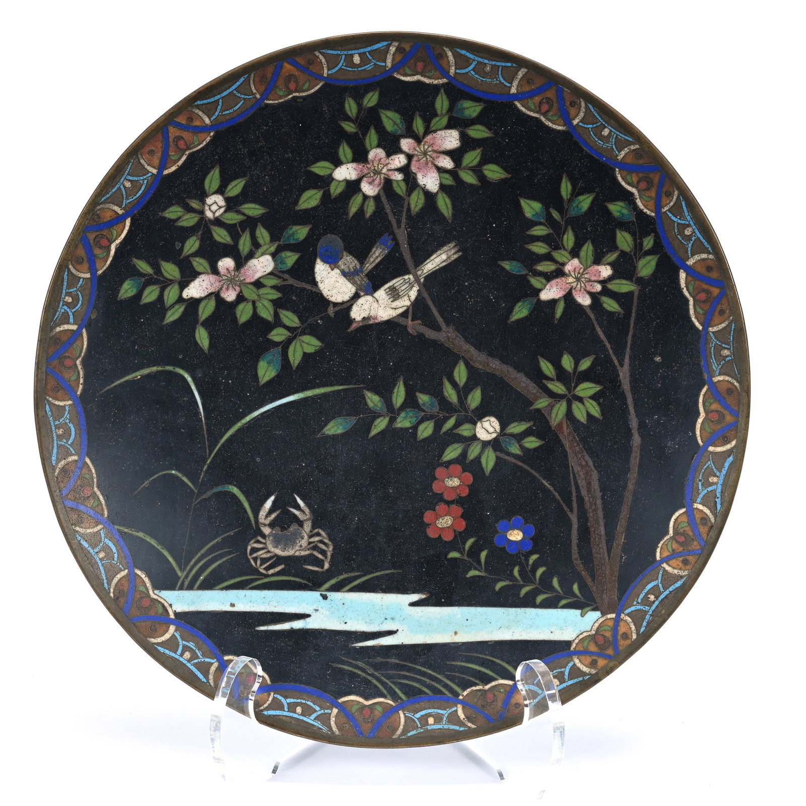 Charger, Japanese Cloisonne, Song Birds And Crab Scenic Decor, Circa 1880's: Charger, Japanese Cloisonne, Song Birds And Crab Scenic Decor, Circa 1880's, 12", The Estate Of Rex And Mary Campbell, MO. All Proceeds Of This Auction Go To Benefit Low Income Students At University 