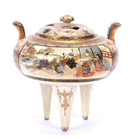 Miniature Incense Burner, Japanese Satsuma, Classic Scenes With Insect Highlights