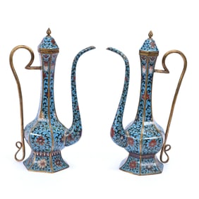 Pair Ewers, Chinese Cloisonne, In The Style Of Qing Dynasty,