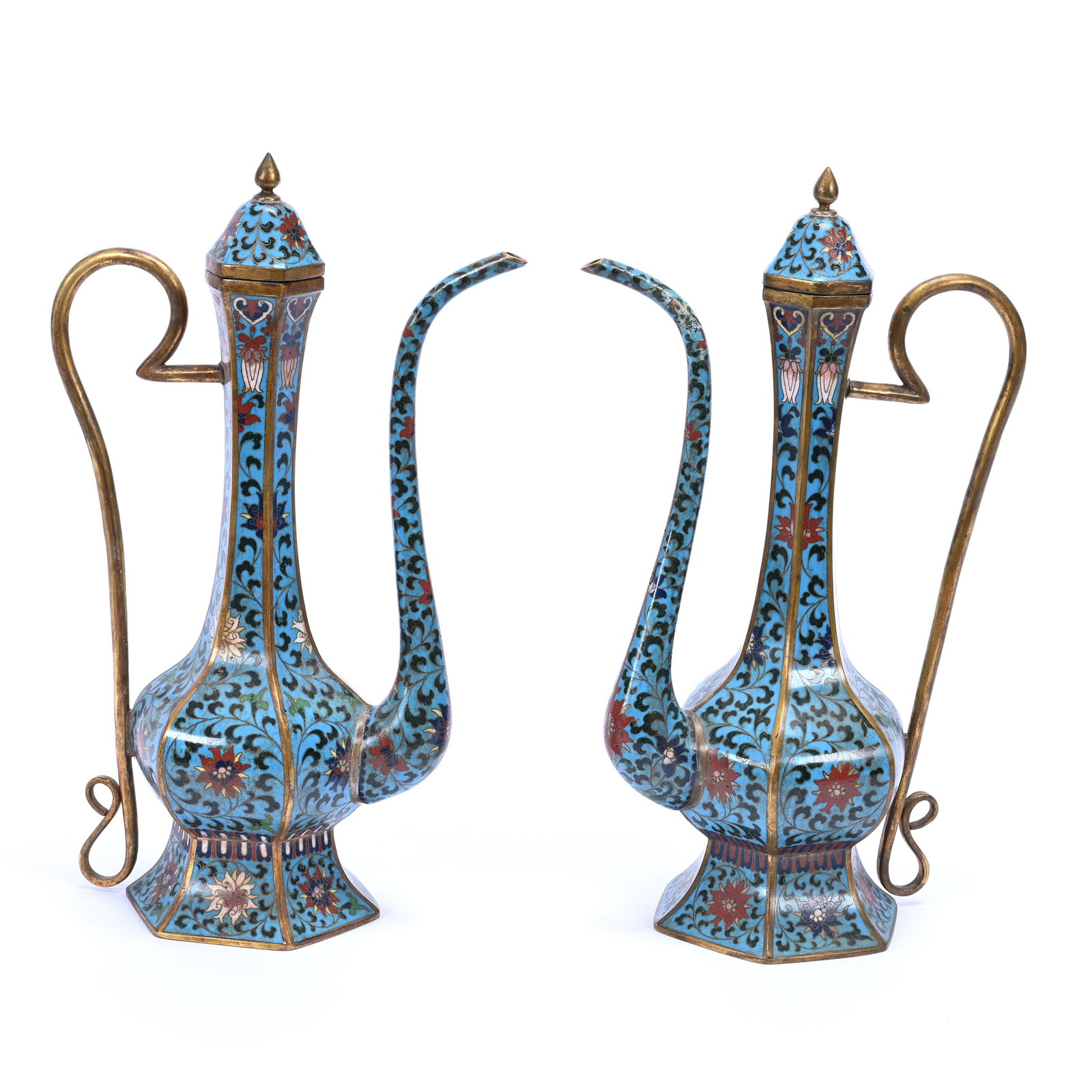 Pair Ewers, Chinese Cloisonne, In The Style Of Qing Dynasty,: Pair Ewers, Chinese Cloisonne, In The Style Of Qing Dynasty, 12" x 7", Blue Panels With Red, Blue, And White Floral Decor, The Estate Of Rex And Mary Campbell, MO. All Proceeds Of This Auction Go To B
