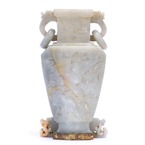 Urn Shaped Vase, Grey Shading To Light Green Jade, Carved Mountain And Village Scenes,