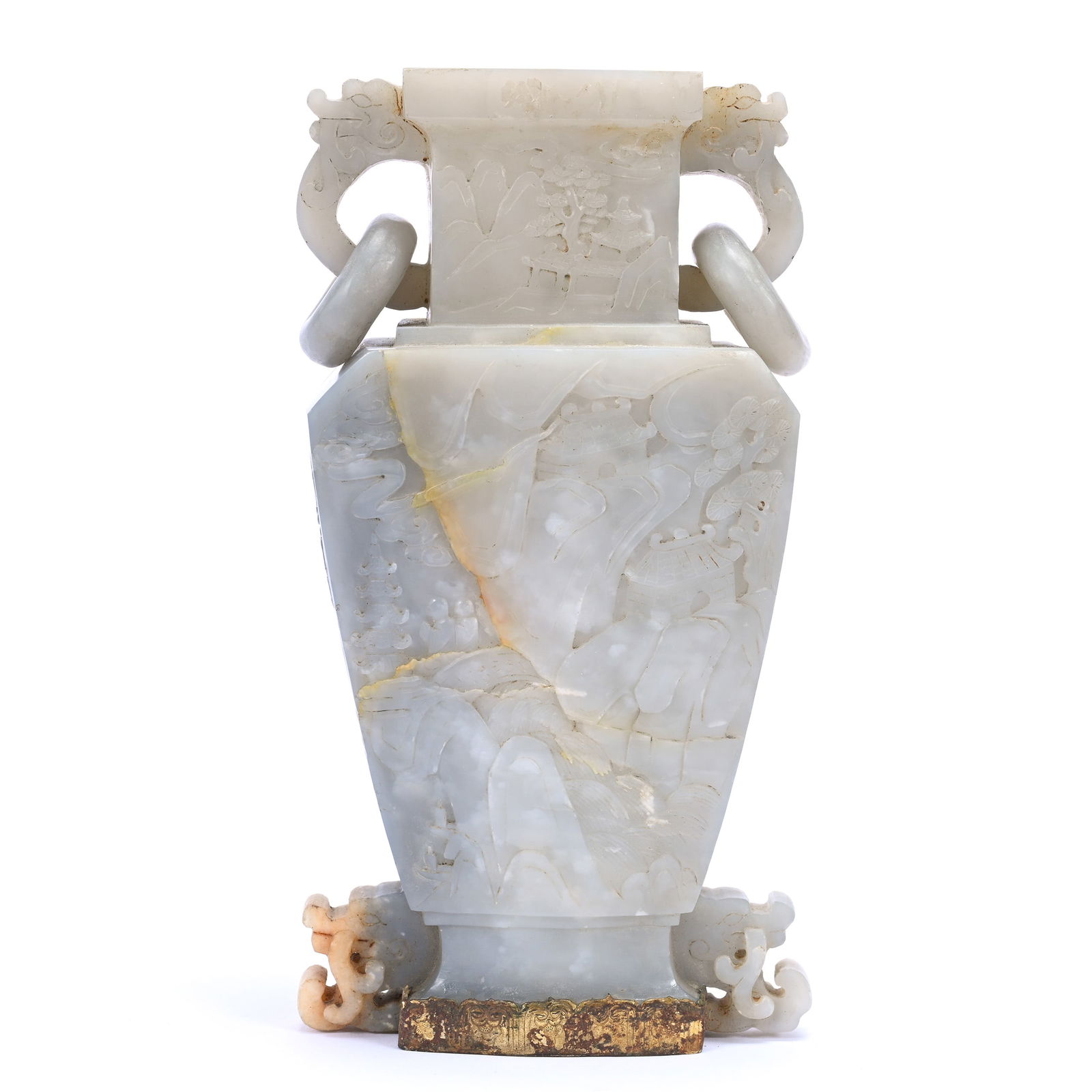 Urn Shaped Vase, Grey Shading To Light Green Jade, Carved Mountain And Village Scenes, (1 of 4)