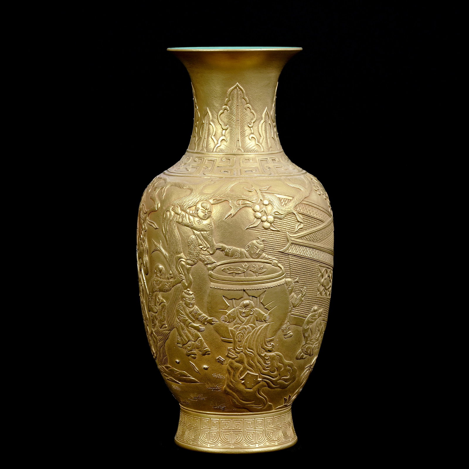 Vase, Chinese Porcelain, "Sima Guang Breaking Cistern" Gold Carved Design, Green Glaze Interior: Vase, Chinese Porcelain, "Sima Guang Breaking Cistern" Gold Carved Design, Green Glaze Interior, 6.25" x 5", In The Style Of Qianlong Dynasty, The Estate Of Rex And Mary Campbell, MO. All Proceeds Of 