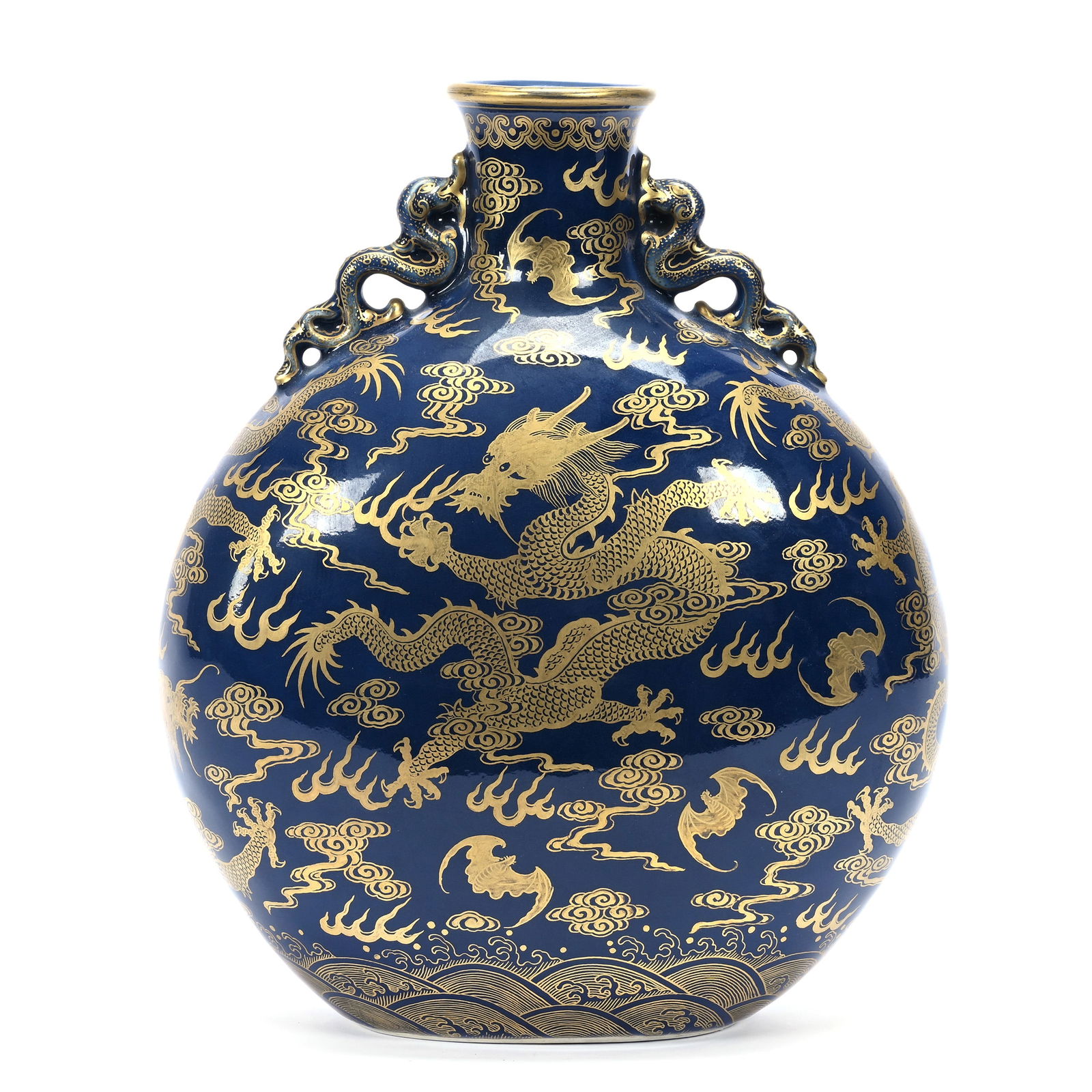 Moon Shaped Vase, Chinese Porcelain, Cobalt Blue With Extensive Gold Stenciled Dragon And Bat Motif (1 of 3)
