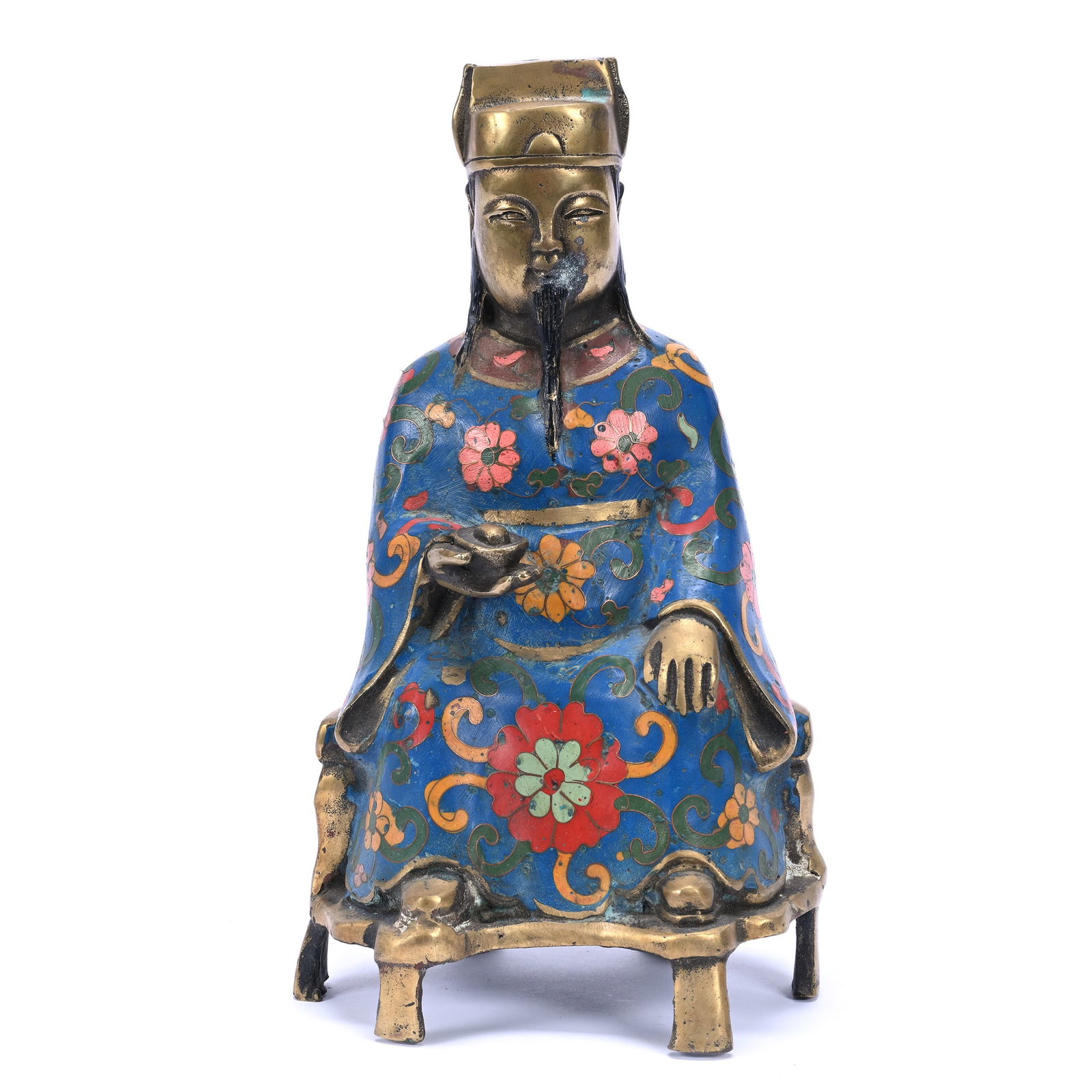 Bronze Figurine, Chinese Cloisonne, Deity Seated Figure, Marking On Back Side (1 of 4)