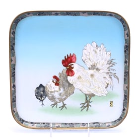 Square Tray, Japanese Cloisonne With Artist Mark "Namikawa Sosuke", Scene Of Rooster, Hen, And Chick