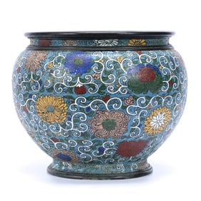 Jardiniere, Chinese Cloisonne, Heavy Bronze With Colorful Floral Decor