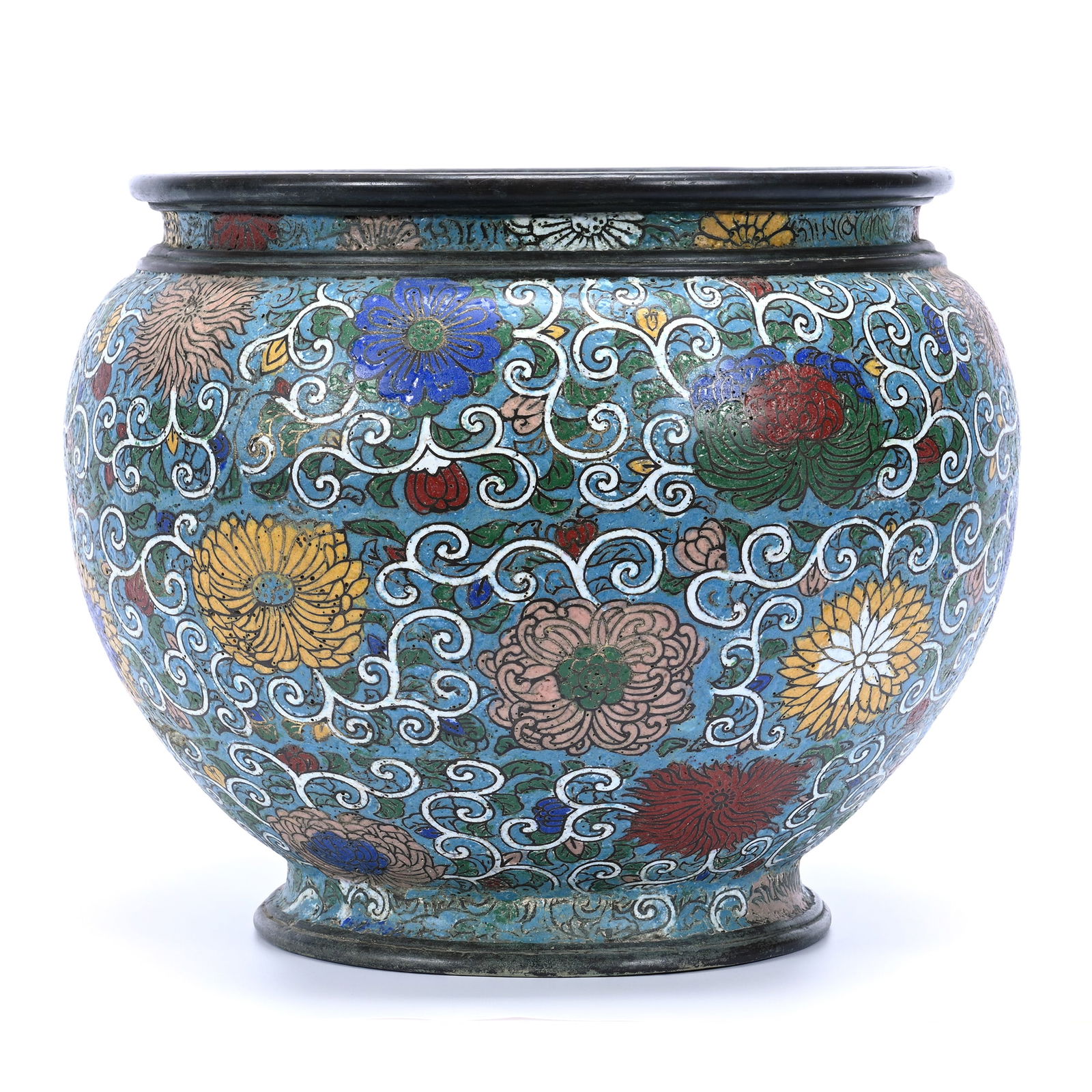 Jardiniere, Chinese Cloisonne, Heavy Bronze With Colorful Floral Decor (1 of 4)