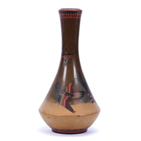 Vase, Porcelain Cloisonne, Brown With Birds Scenic Decor