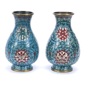 Pair Vases, Chinese Cloisonne, Blue With Floral Decor, Makers Inscription On Bottom