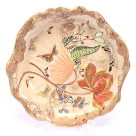Plate, Japanese Kutani Porcelain, Embossed Floral Mold With Colorful Butterfly And Floral Decor