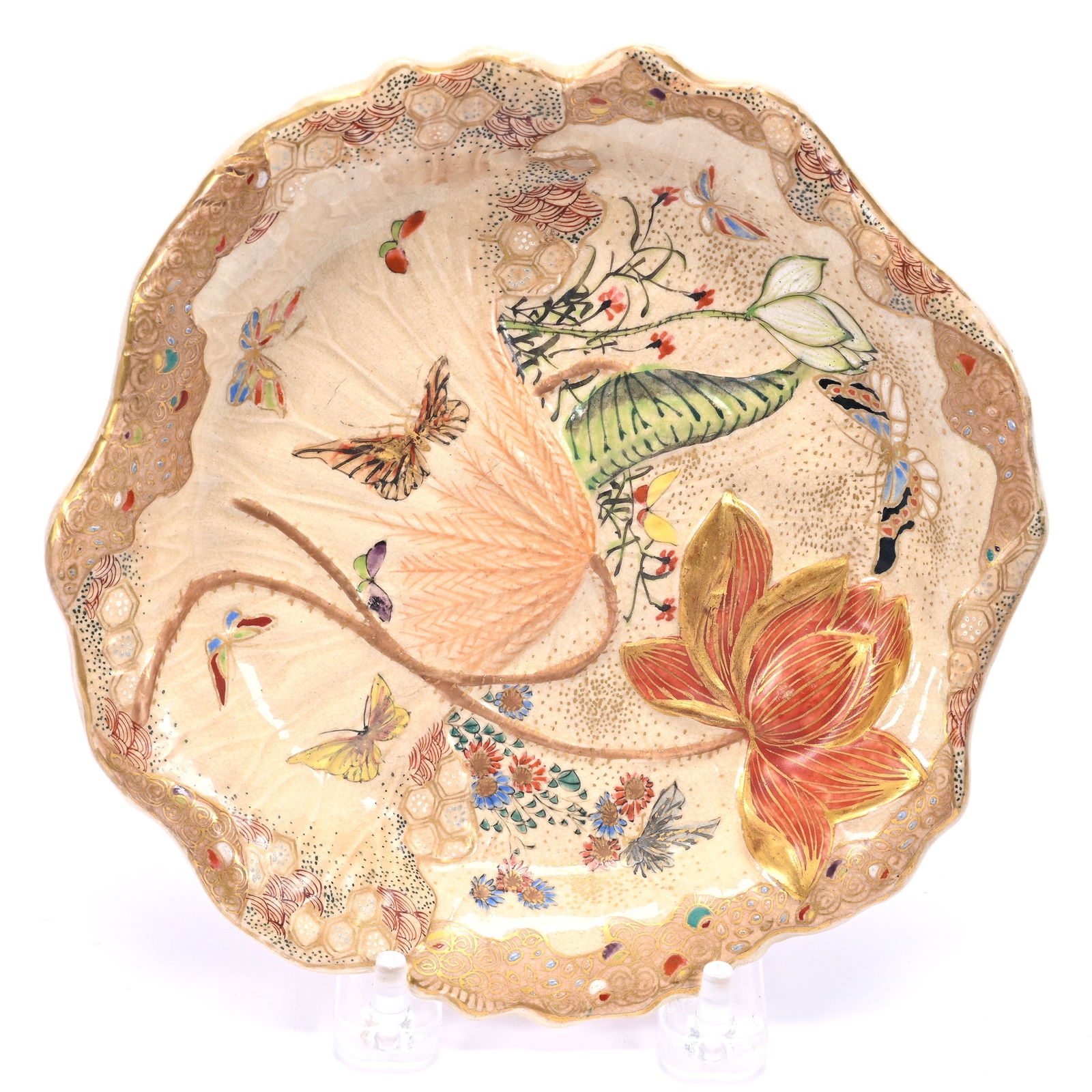 Plate, Japanese Kutani Porcelain, Embossed Floral Mold With Colorful Butterfly And Floral Decor (1 of 2)