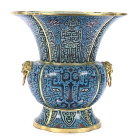 Vase, Chinese Cloisonne, Beautiful Blue With Geometric Designs And Zoomorphic Mask,