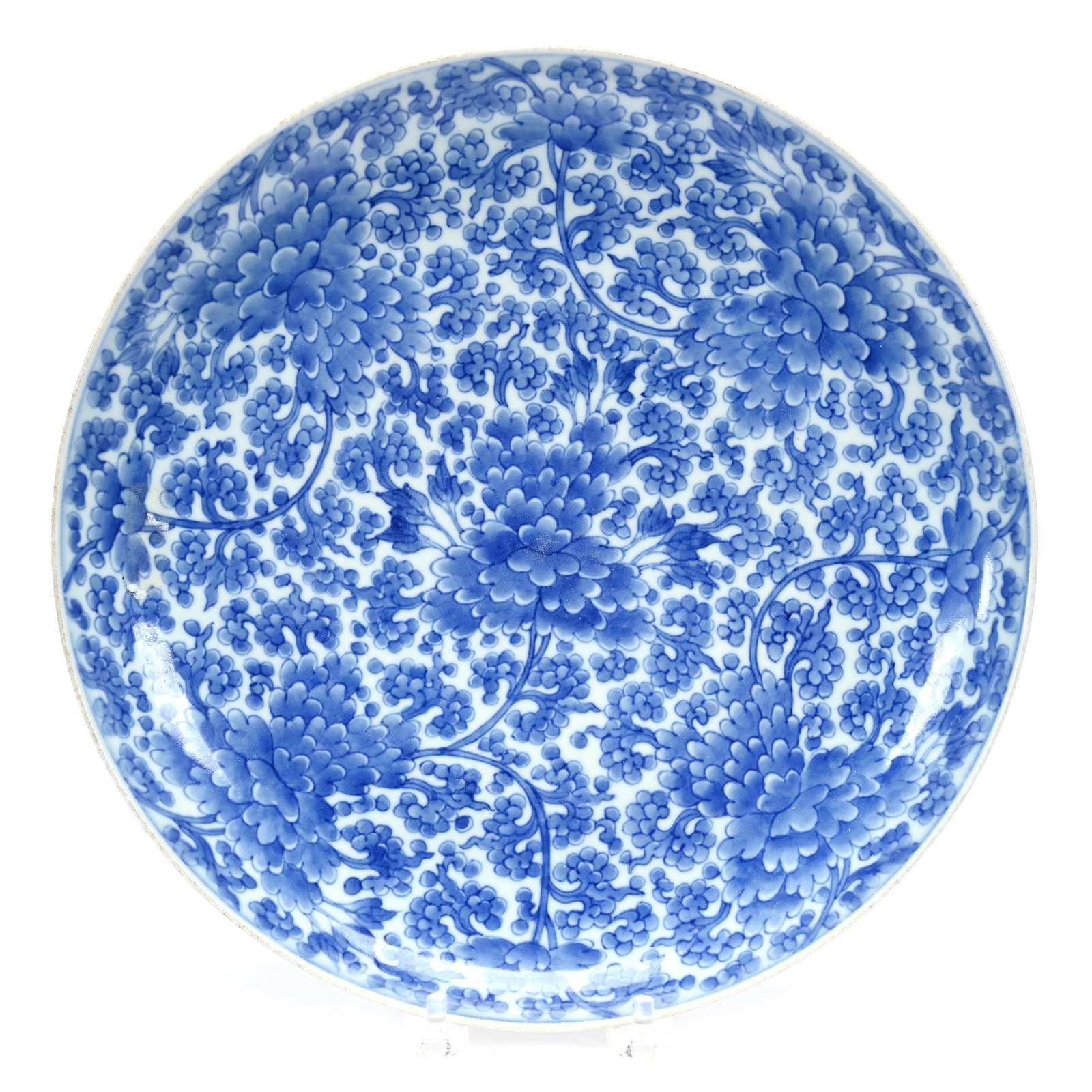 Plate, Chinese Porcelain, Blue And White Floral Design, Double Circle Fungus Mark,: Plate, Chinese Porcelain, Blue And White Floral Design, Double Circle Fungus Mark, 10.75", In The Style Of Qing Dynasty, The Estate Of Rex And Mary Campbell, MO. All Proceeds Of This Auction Go To Ben