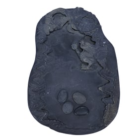 Meditation Pool, Carved Slate Featuring Dragon And Phoenix, Sells With Four Polished Stones