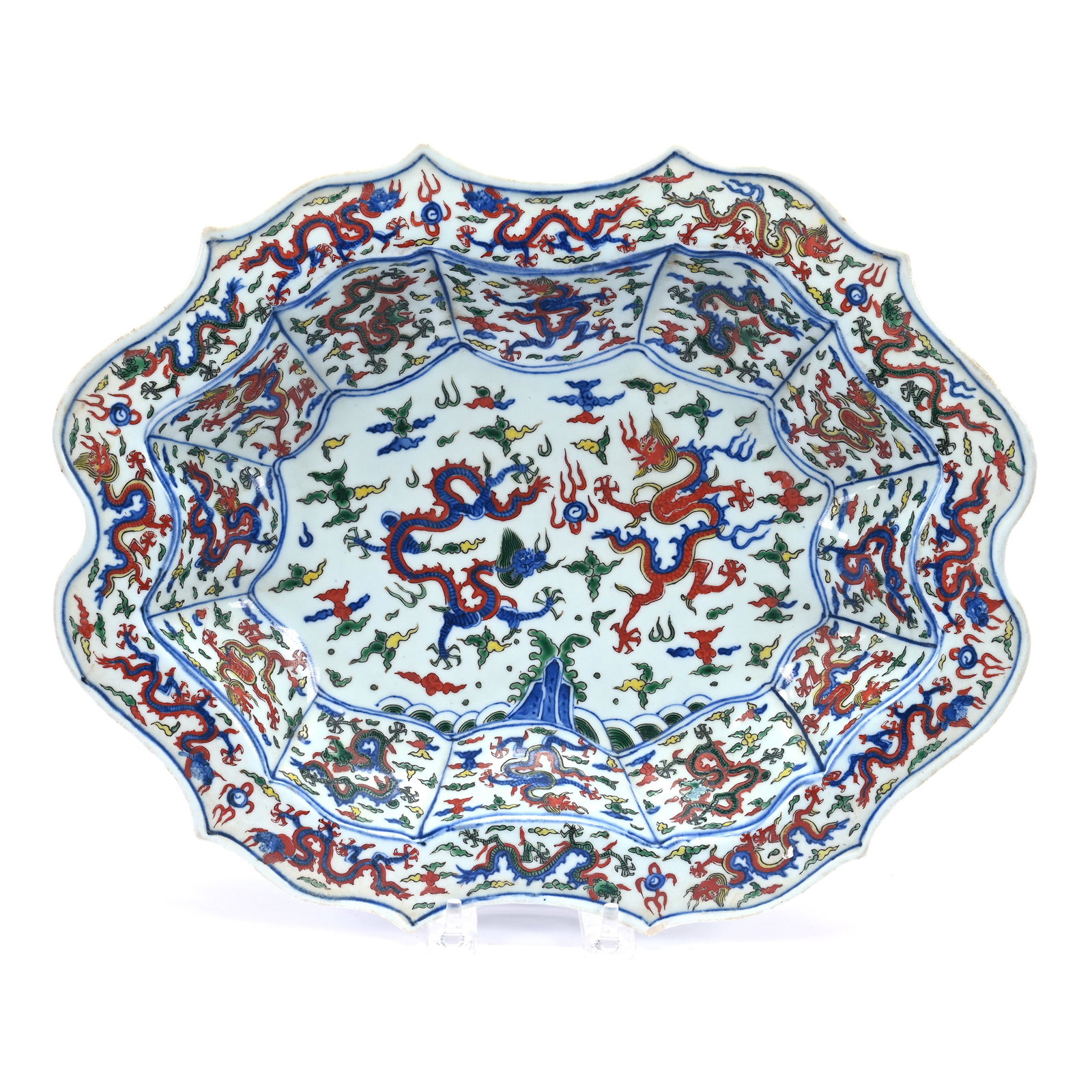 Oval Scalloped Bowl, Chinese Porcelain, Dragon Designs, Flat Rim, In The Style Of Ming Dynasty: Oval Scalloped Bowl, Chinese Porcelain, Dragon Designs, Flat Rim, In The Style Of Ming Dynasty, 14" x 11.25", One Point With Surface Rim Chip, The Estate Of Rex And Mary Campbell, MO. All Proceeds Of 