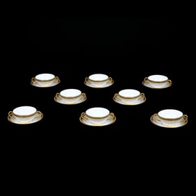 8 Bouillon Cups And Saucers, Marked Cauldon England, Also Marked By Jeweler Burlay And Co. Chicago